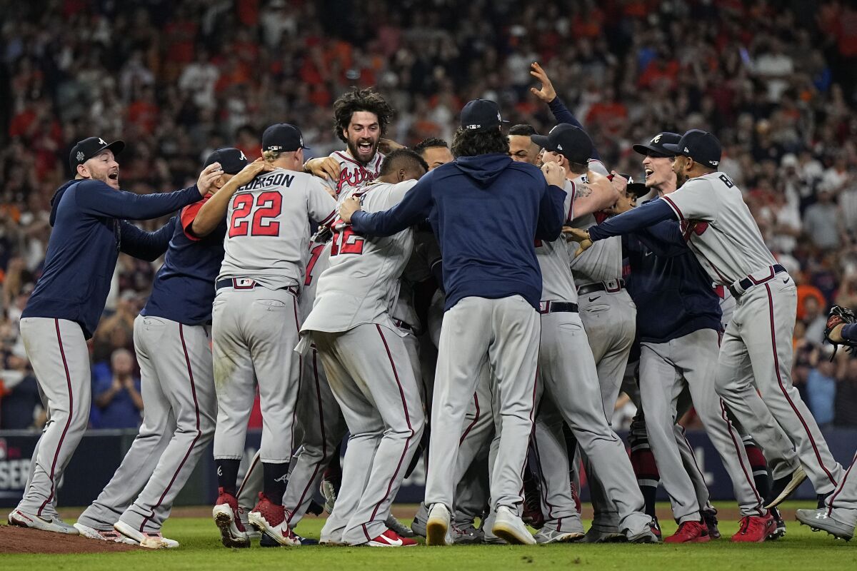 The Atlanta Braves celebrate winning the World Series on Nov. 2, 2021.
