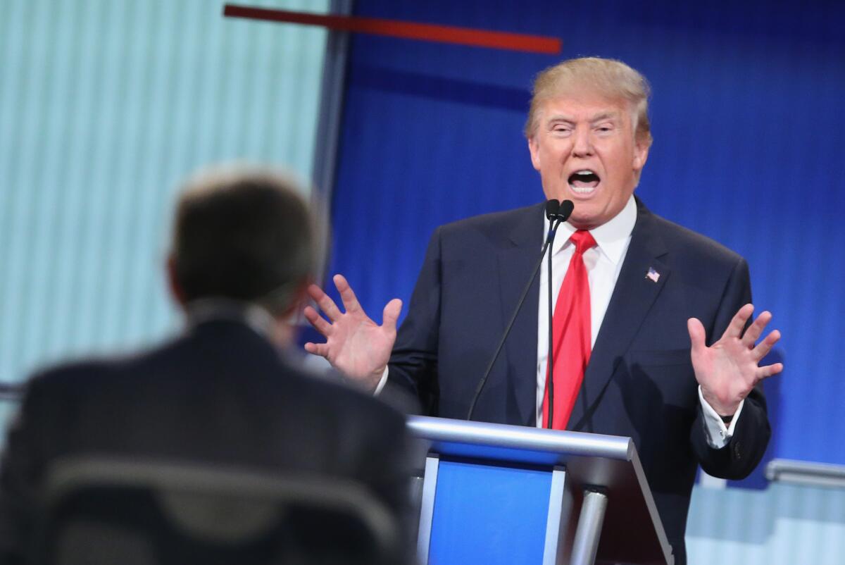 Donald Trump fields a question during the first Republican presidential debate.