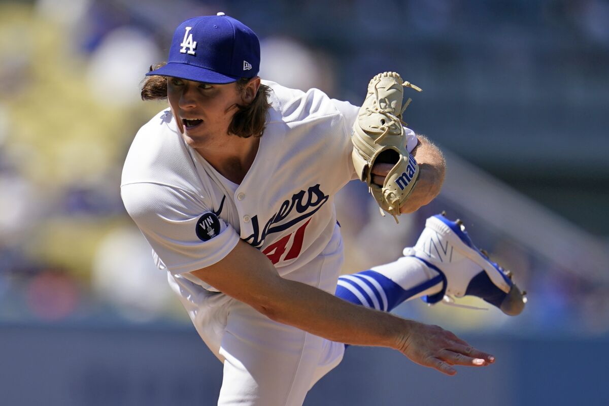 Dodgers starting pitcher Ryan Pepiot throws during a game against the Miami Marlins in August.