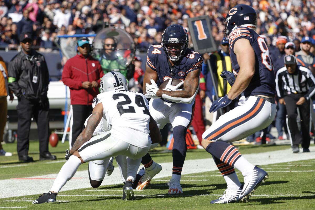 Bears tight end Marcedes Lewis runs with the ball as two Raiders defenders try to tackle him during a football game