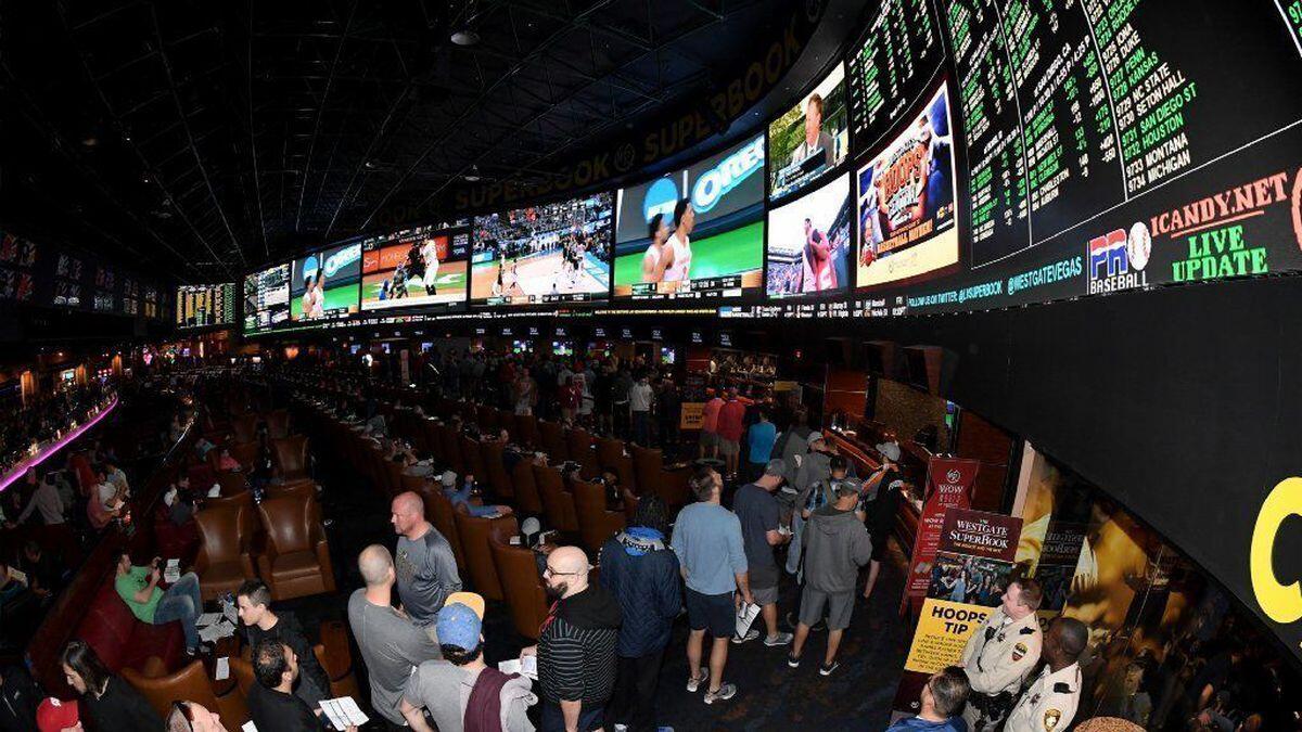 Guests line up to place bets at the sports book at the Westgate Las Vegas Resort & Casino in March.