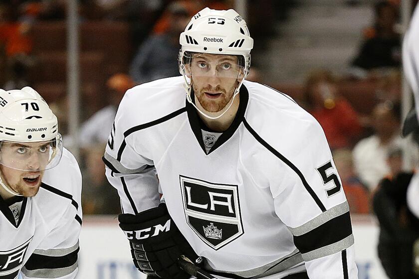 Kings defenseman Jeff Schultz, center, was recalled from Ontario of the American Hockey League on Monday.
