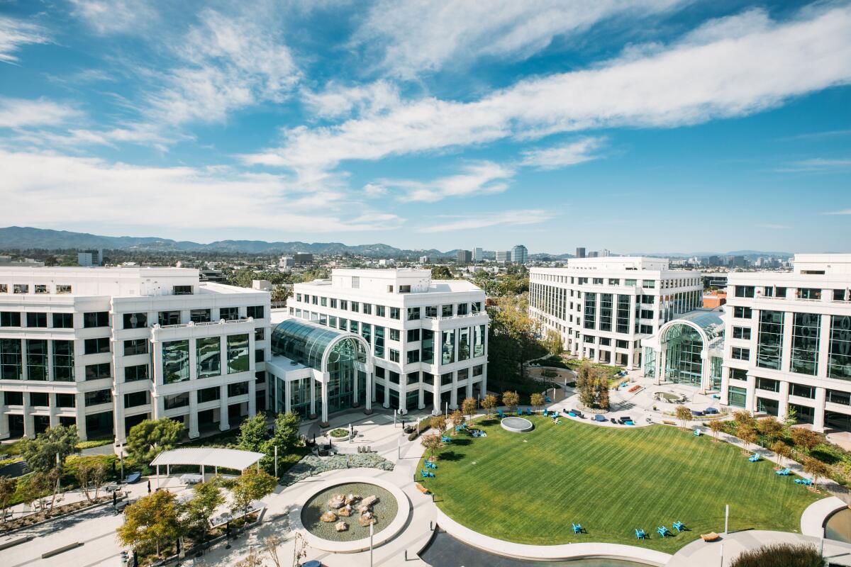An aerial view of the Water Garden office complex in Santa Monica.