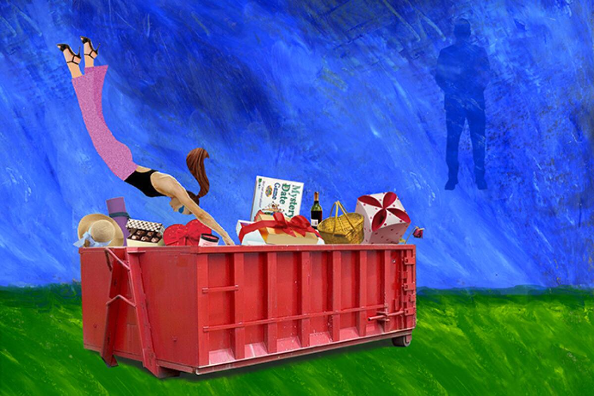 An illustration of a person diving into a dumpster.