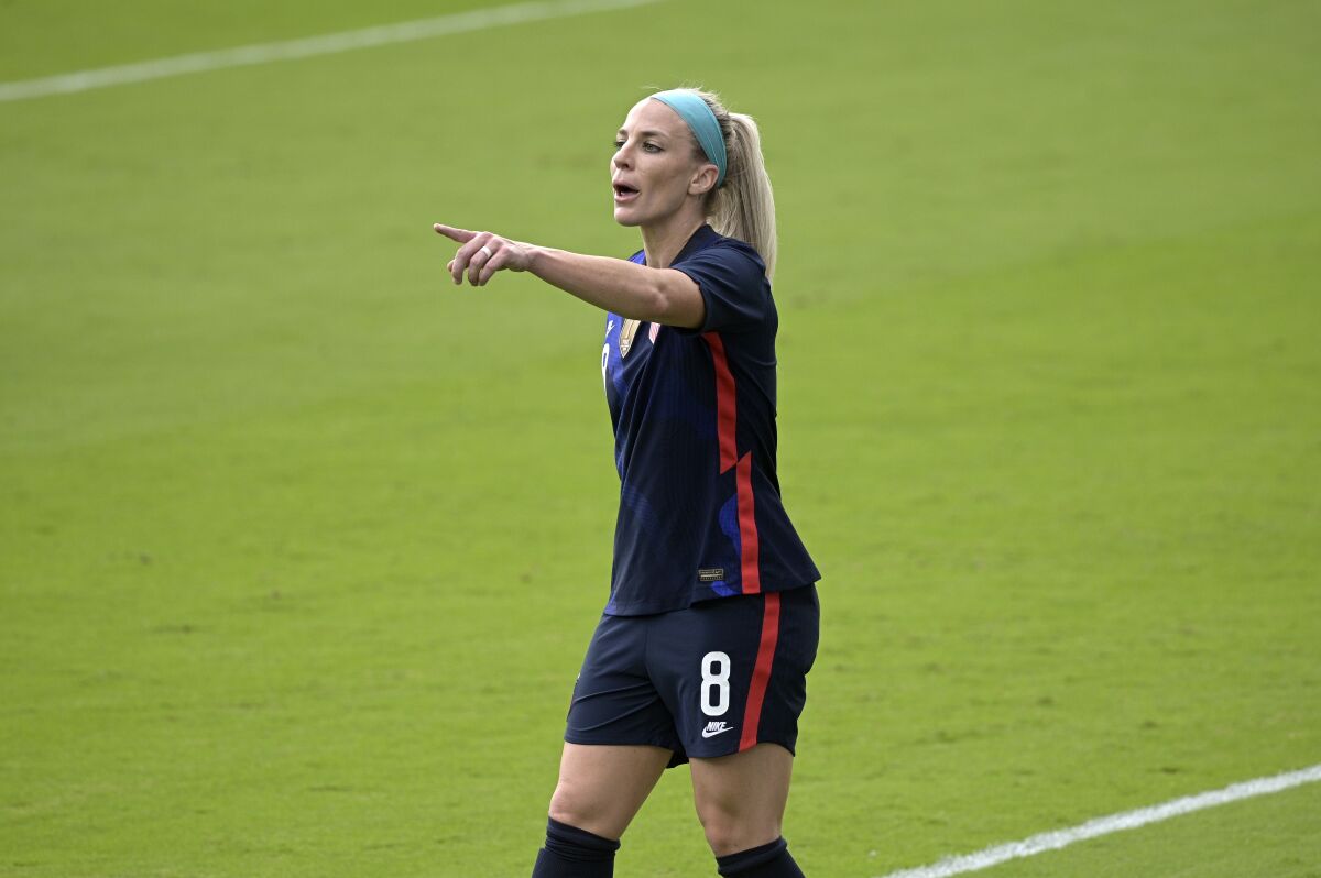 U.S. midfielder Julie Ertz (8) directs a play during the SheBelieves Cup 
