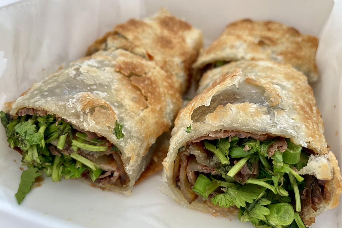 The beef roll from Noodle St restaurant in Pasadena. There is also a location in Arcadia.