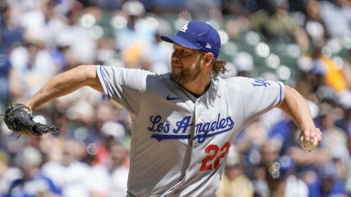 Dodgers' Clayton Kershaw pitches against the Brewers in Milwaukee on May 10, 2023.