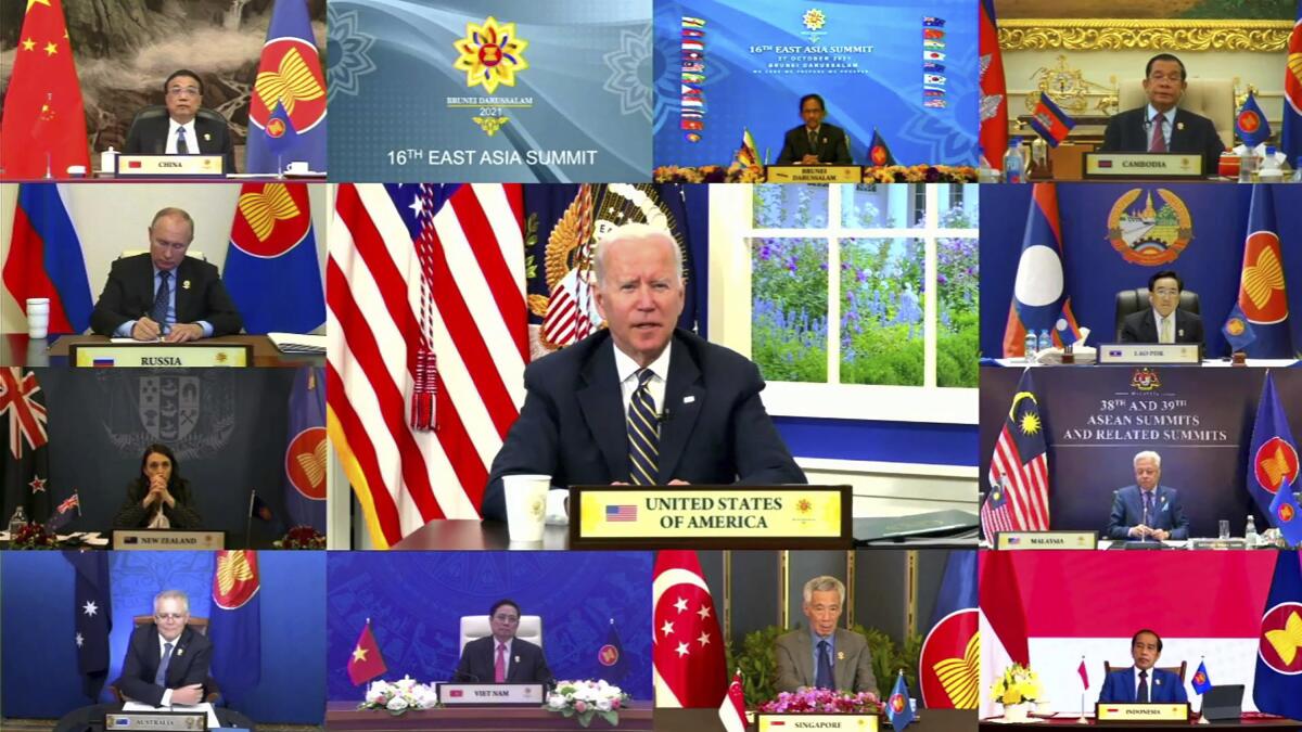 In this image released by Brunei ASEAN Summit, United States President Joe Biden speaks in the virtual meetingof ASEAN - East Asia Summit on the sidelines of the Association of Southeast Asian Nations (ASEAN) summit with the leaders, Wednesday, Oct. 27, 2021. Southeast Asian leaders began their annual summit without Myanmar on Tuesday amid a diplomatic standoff over the exclusion of the leader of the military-ruled nation from the group's meetings. (Brunei ASEAN Summit via AP)