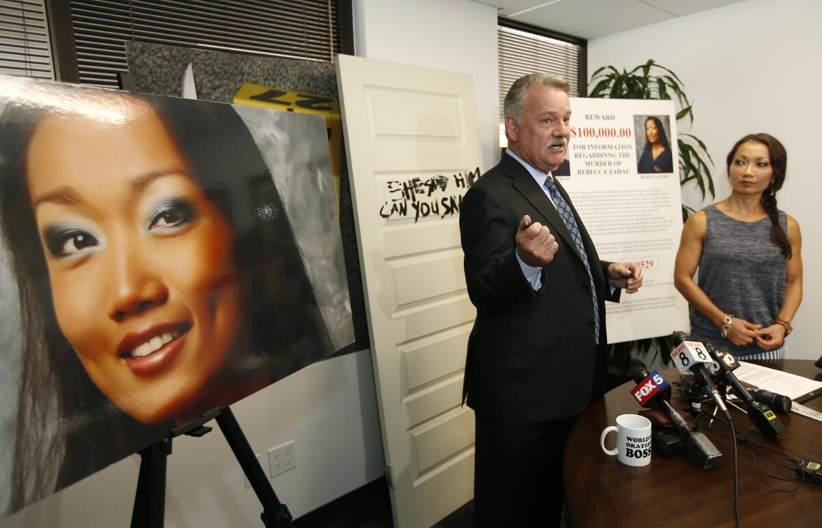 Attorney Keith Greer, left, and Mary Zahau-Loehner, sister of Rebecca Zahau held a news conference in 2019.