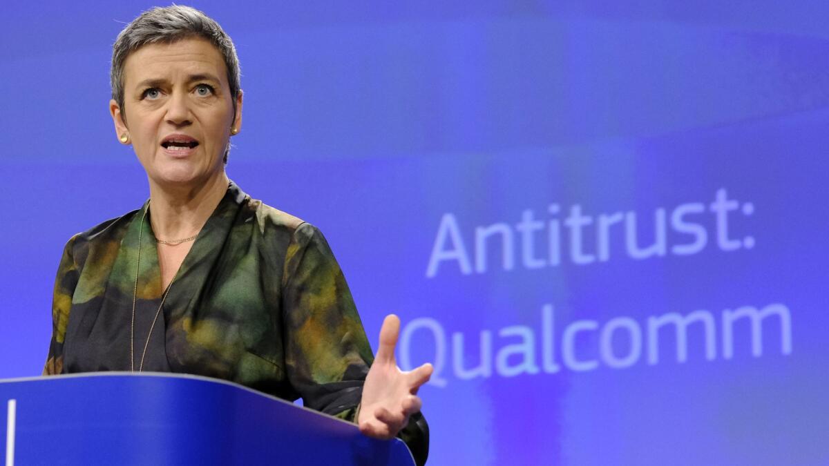 EU Commissioner for Competition Margrethe Vestager speaks at a news conference on the Qualcomm case Jan. 24.