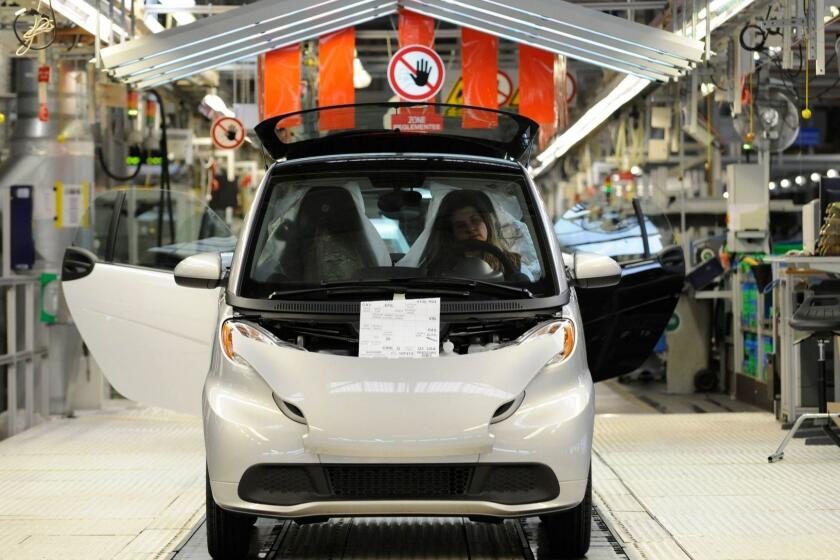 (FILES) In this file photo taken on December 11, 2012 a Smart ForTwo is pictured at the Smart car factory of Hambach, eastern France. - The production of Smart fortwo cars will stop "between 2022 and 2024" on the historic site of the brand in Hambach (Moselle), the direction announced on March 27, 2019 to the employees, according to the unions. (Photo by Jean-Christophe VERHAEGEN / AFP)JEAN-CHRISTOPHE VERHAEGEN/AFP/Getty Images ** OUTS - ELSENT, FPG, CM - OUTS * NM, PH, VA if sourced by CT, LA or MoD **