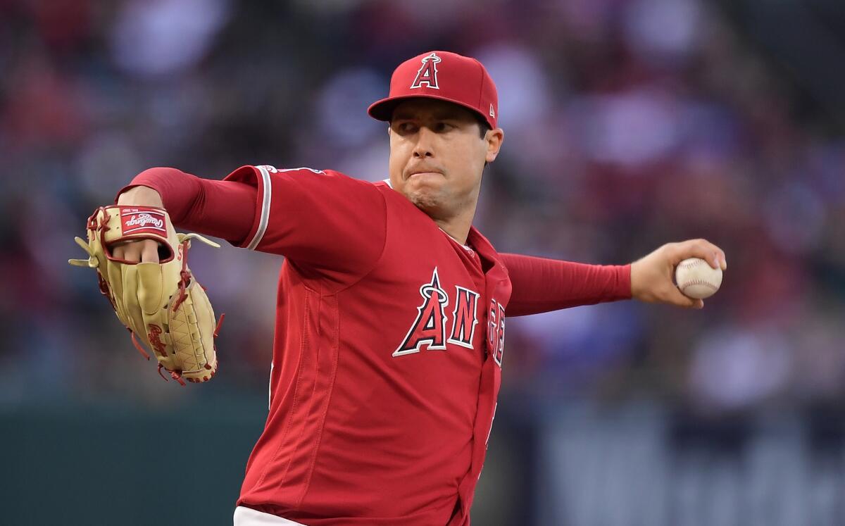 Los Angeles Angels pitcher Tyler Skaggs throws during a baseball game in 2019.