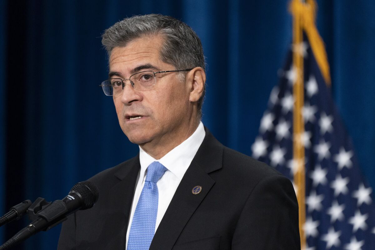 FILE - Health and Human Services Secretary Xavier Becerra speaks during a news conference at the HHS Humphrey Building, Oct. 18, 2022, in Washington. The Biden administration estimated Jan. 30, 2023, that it could collect as much as $4.7 billion from insurance companies with newer and tougher penalties for submitting improper charges on the taxpayers’ tab for Medicare Advantage care. (AP Photo/Jacquelyn Martin, File)