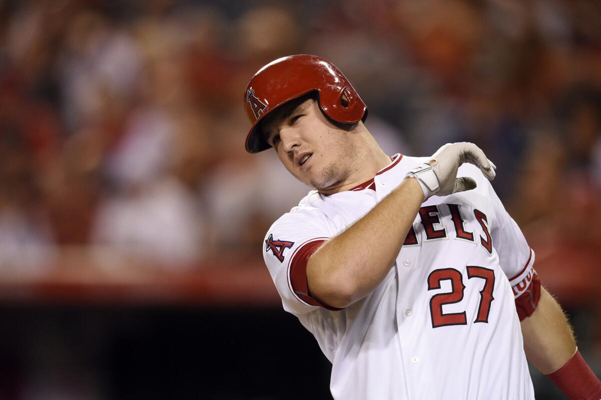 Angels outfielder Mike Trout, who was the American League most valuable player in 2014, is seen during Sept. 30 game.