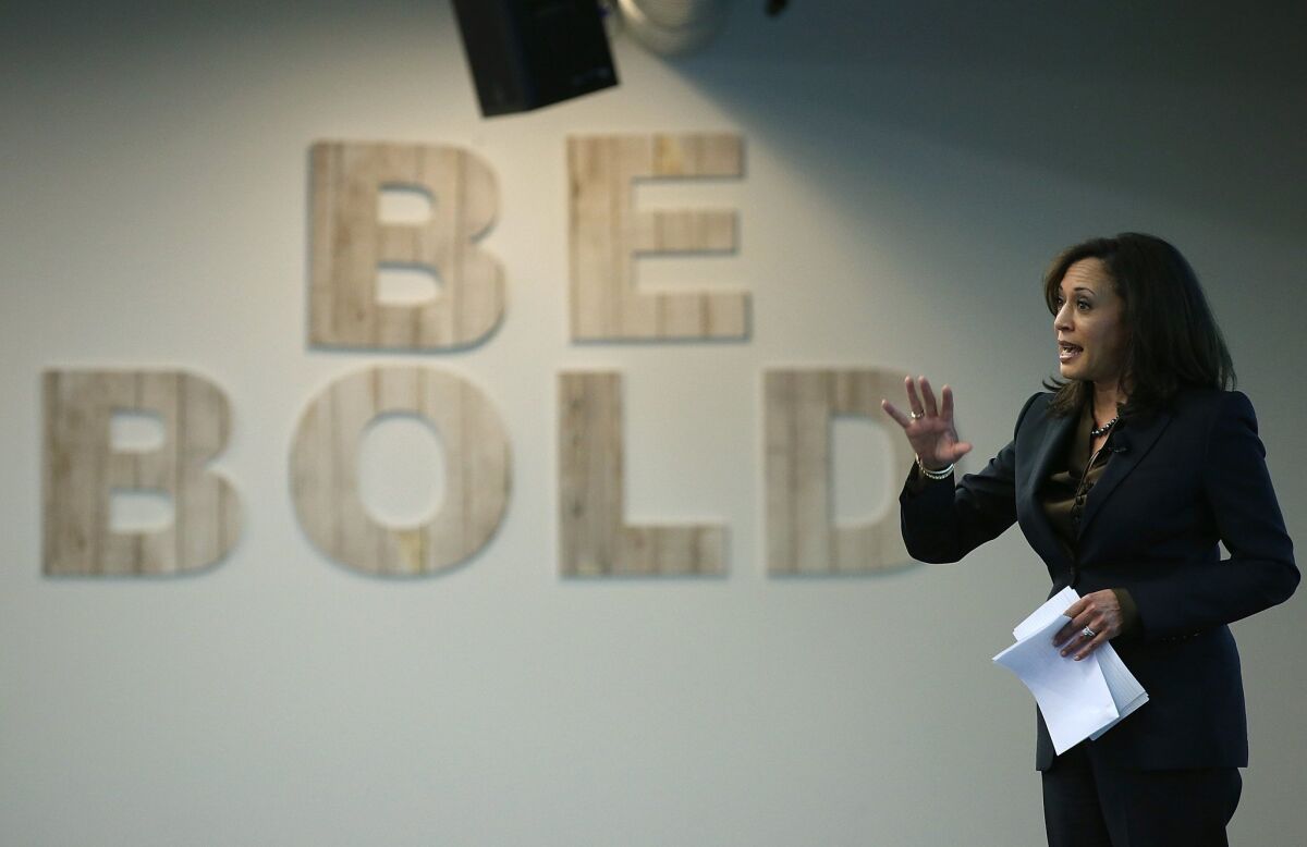 State Atty. Gen. Kamala Harris delivers a keynote address during a Safer Internet Day event at Facebook headquarters in Menlo Park, Calif., on Feb. 10. Harris is the only major party candidate to announce she's running for the U.S. Senate seat being vacated by Barbara Boxer in 2016.