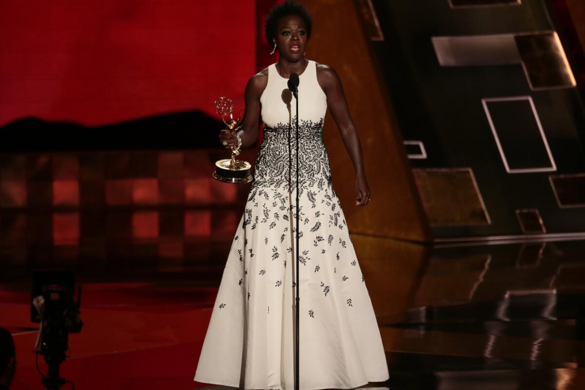 Viola Davis accepts the award for outstanding lead actress in a drama series for “How to Get Away With Murder.” In accepting her honor, Davis said, "The only thing that separates women of color from anyone else is opportunity."