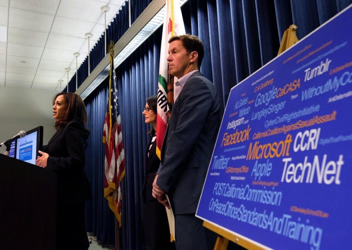 California's Attorney General Kamala Harris, left, announces that the state has teamed with leaders in the tech industry and law enforcement to combat cyberexploitation, the illegal practice of anonymously posting explicit photographs of others online, often to extort money from the victims.