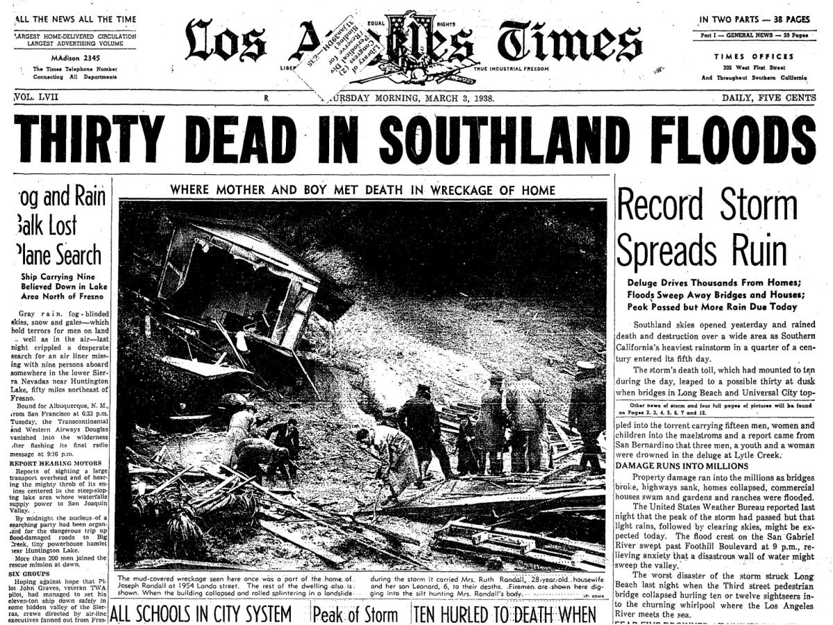 March 3, 1938, Los Angeles Times front page with a stories about late-winter storms causing flooding.
