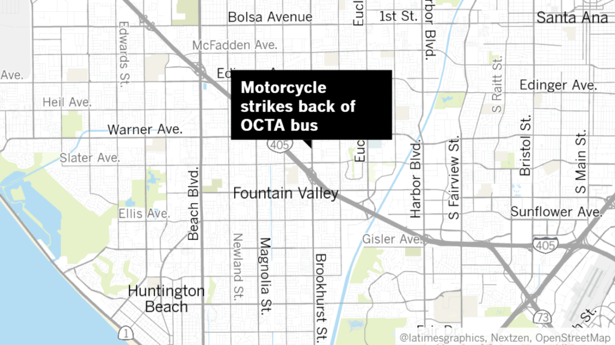 A motorcyclist injured in a crash with an OCTA bus in Fountain Valley on Tuesday remained in critical condition Friday, according to police.
