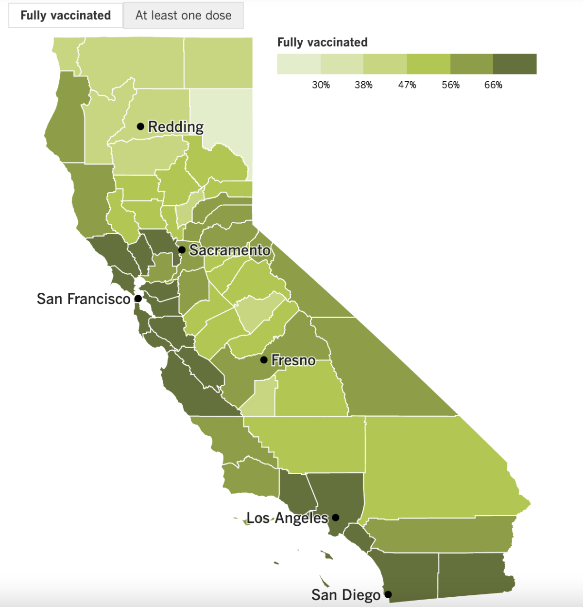 A map that shows California's vaccination progress by county.