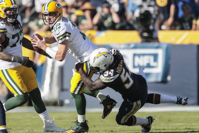 Chargers defensive end Melvin Ingram (54) sacks Green Bay Packers quarterback Aaron Rodgers.