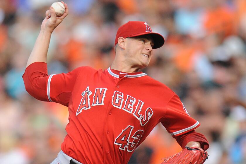 Angels starter Garrett Richards delivers a pitch during the first inning of the Angels' 4-3 loss to the Baltimore Orioles on July 30.