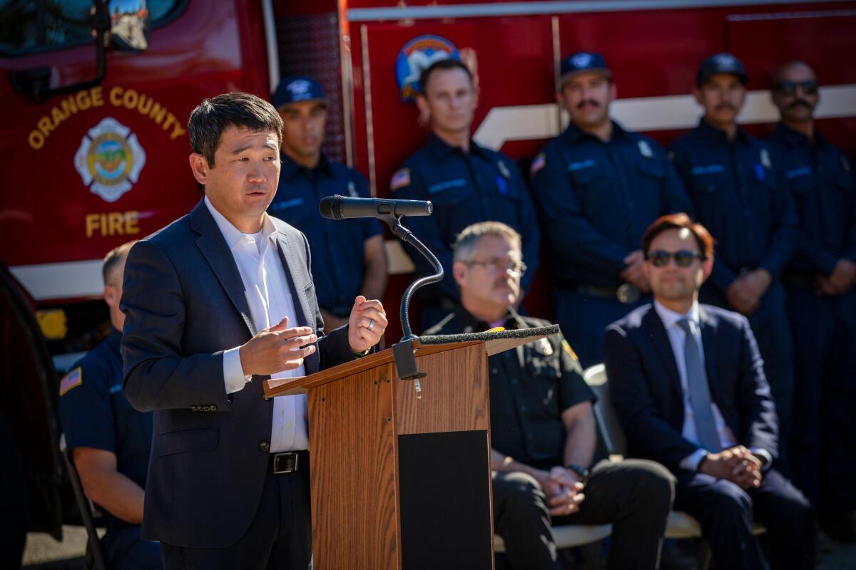 State Sen. Dave Min speaks at a press conference about a new Orange County Fire Authority Facility.