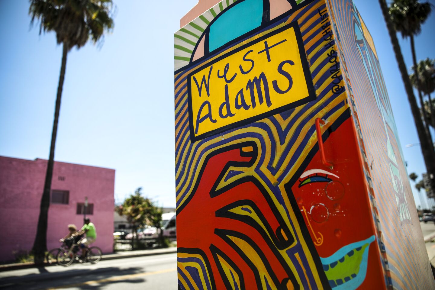 A painted utility box at the corner of West Adams Boulevard and Buckingham Road, in the West Adams neighborhood of Los Angeles, Calif.