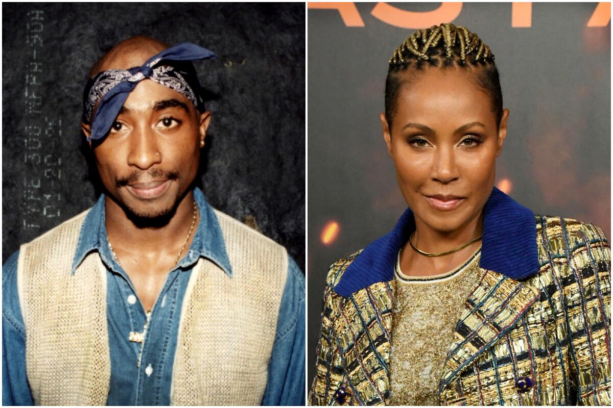 A split image of Tupac wearing a bandanna and vest and Jada Pinkett Smith wearing a checkered suit
