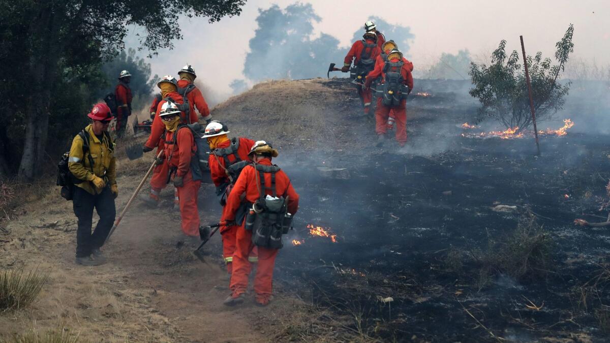Inmate firefighters are given instructions as they head into a fire in an avocado orchard at the Ojai Vista Farm threatened by the Thomas fire.