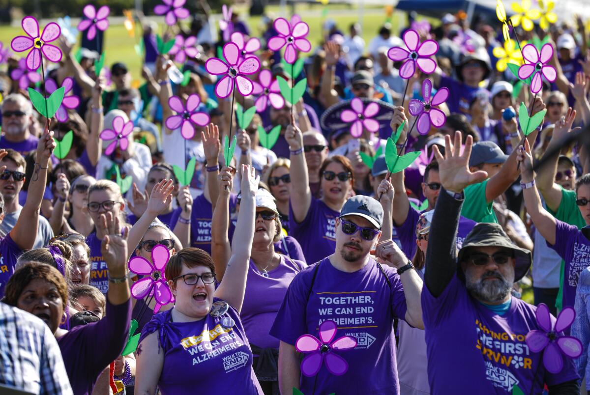 a group wearing purple shirts and holding colorful pinwheel flowers participate in a fundraiser walk