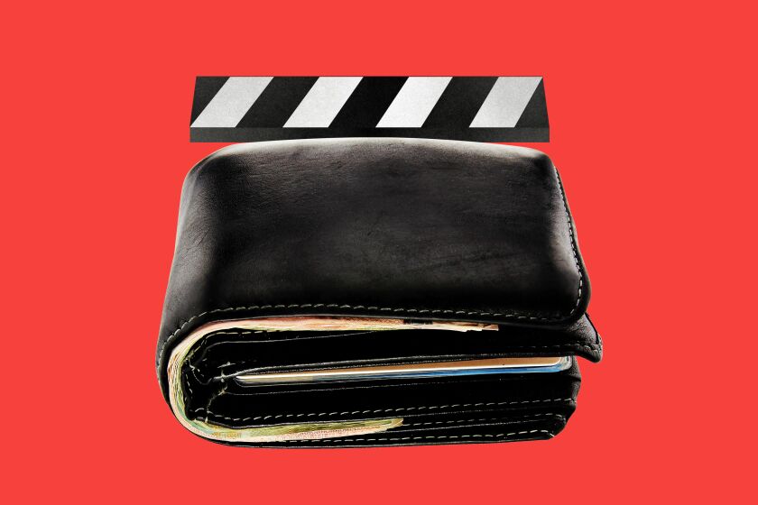 photo illustration of a film clapper with the bottom half formed by a thick wallet.