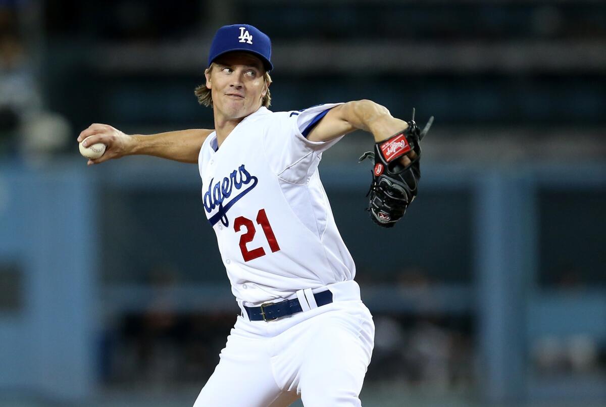 Zack Greinke (16-8) held the Giants to two runs on six hits over eight innings on Tuesday in the Dodgers' 4-2 win over San Francisco at Dodger Stadium.