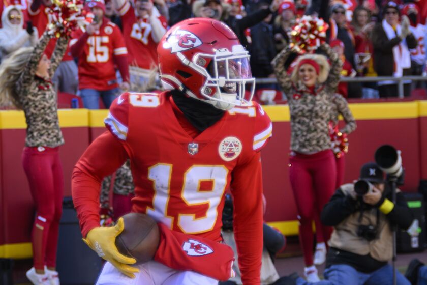 Kansas City Chiefs wide receiver Kadarius Toney celebrates after scoring a touchdown against the Jacksonville Jaguars during the first half of an NFL football game, Sunday, Nov. 13, 2022 in Kansas City, Mo. (AP Photo/Reed Hoffmann)