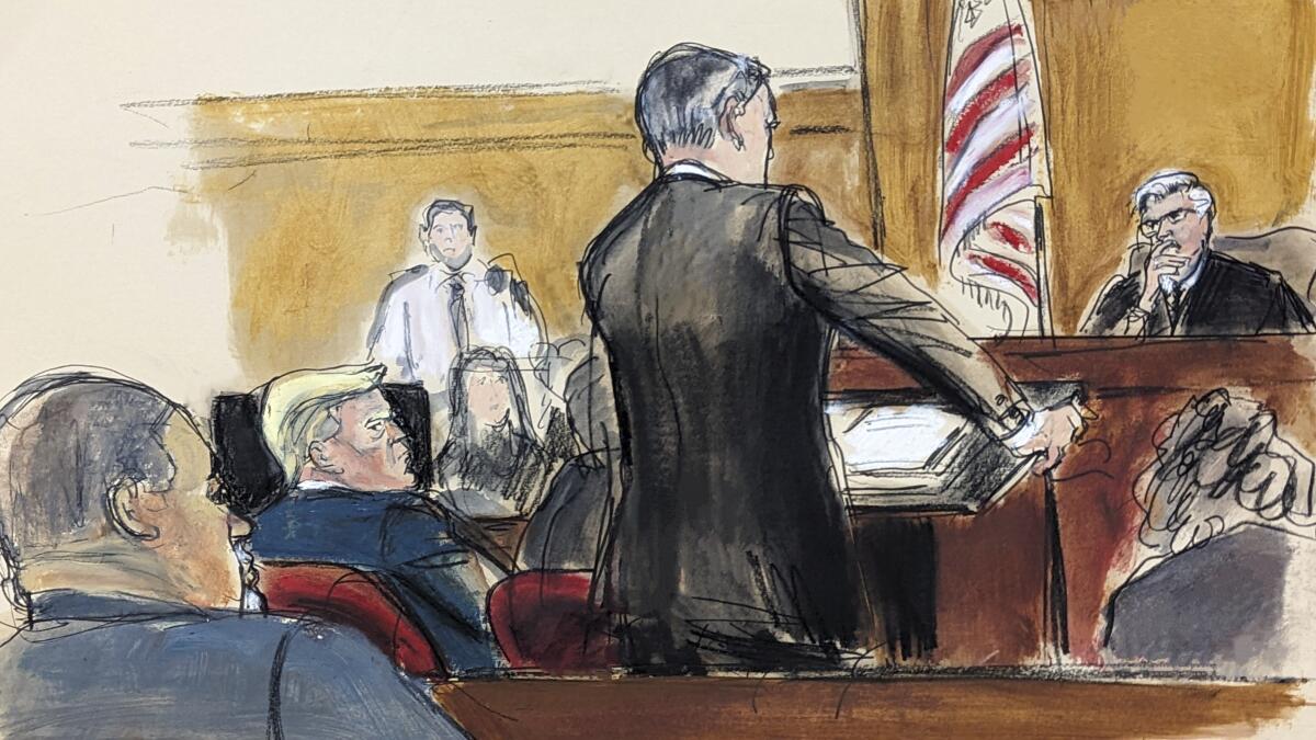 A courtroom sketch shows a prosecutor at a lectern facing the judge.