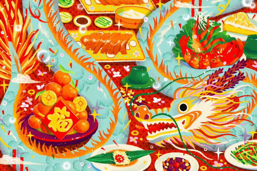 Illustration of a dragon curling around various festive dishes