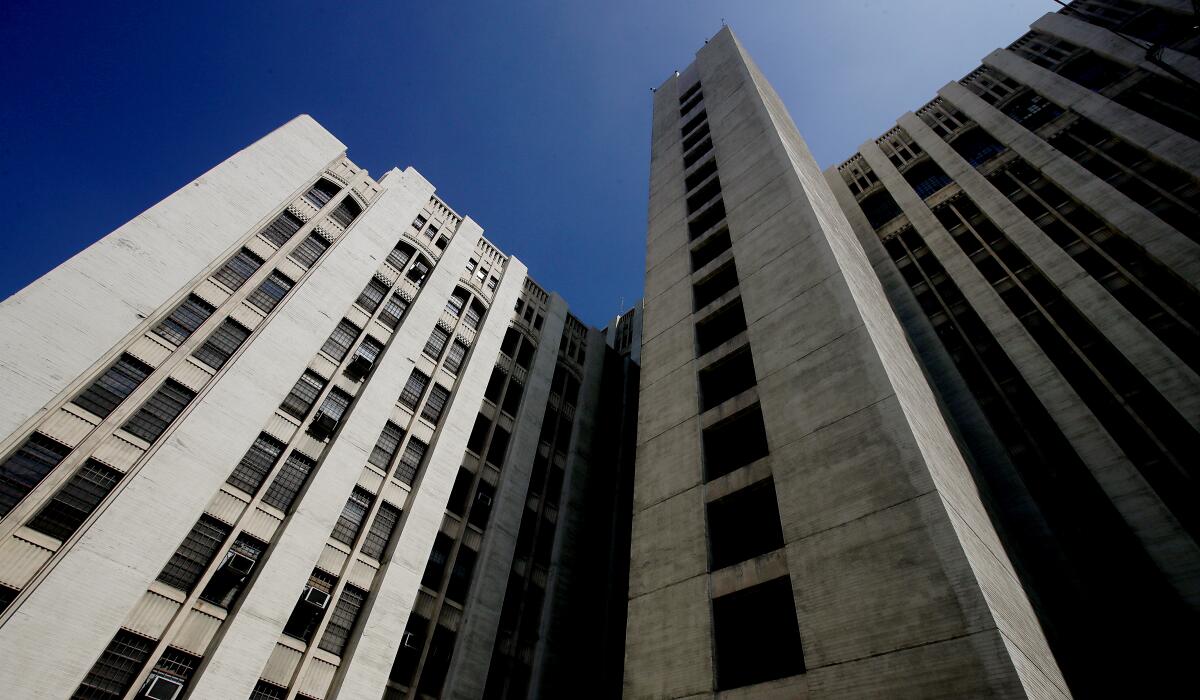 Exterior of the Los Angeles County General Hospital, an iconic Art Deco building in Boyle Heights 