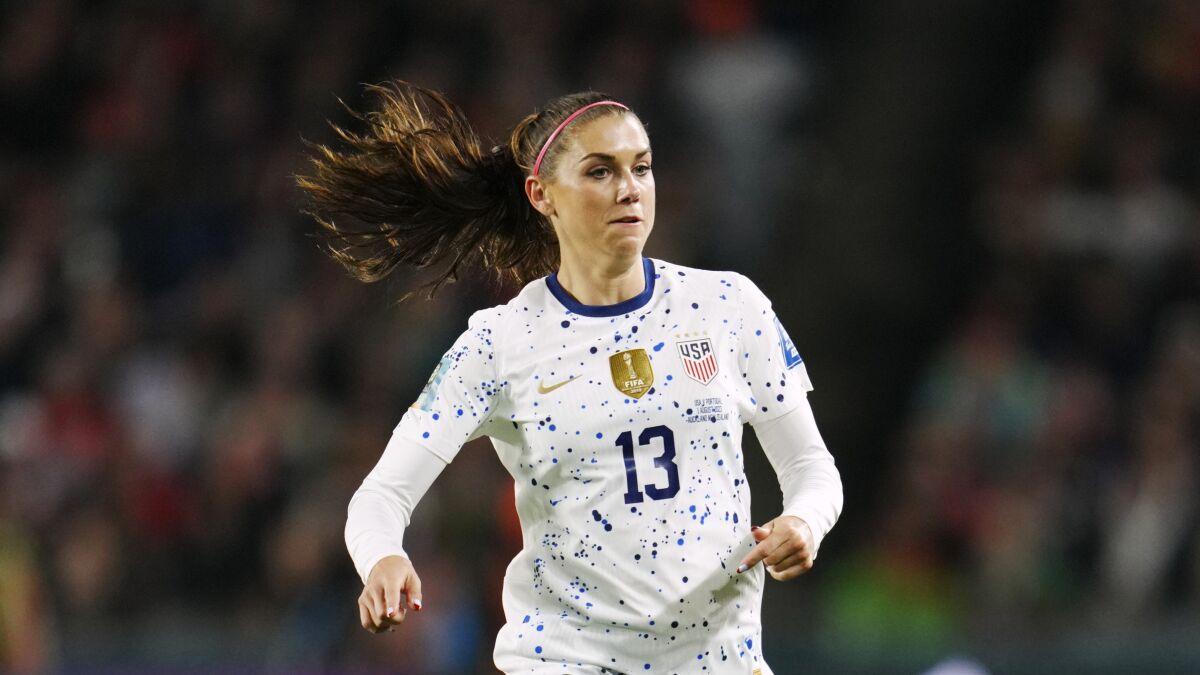 United States' Alex Morgan in action during the Women's World Cup Group E soccer match between Portugal and the United States at Eden Park in Auckland, New Zealand, Tuesday, Aug. 1, 2023. (AP Photo/Abbie Parr)