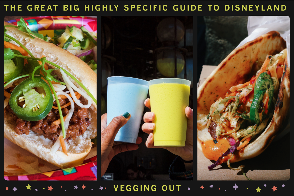 Triptych of Disneyland foods framed to look like a film strip: an Impossible banh mi, plant-based milks and a vegetarian wrap