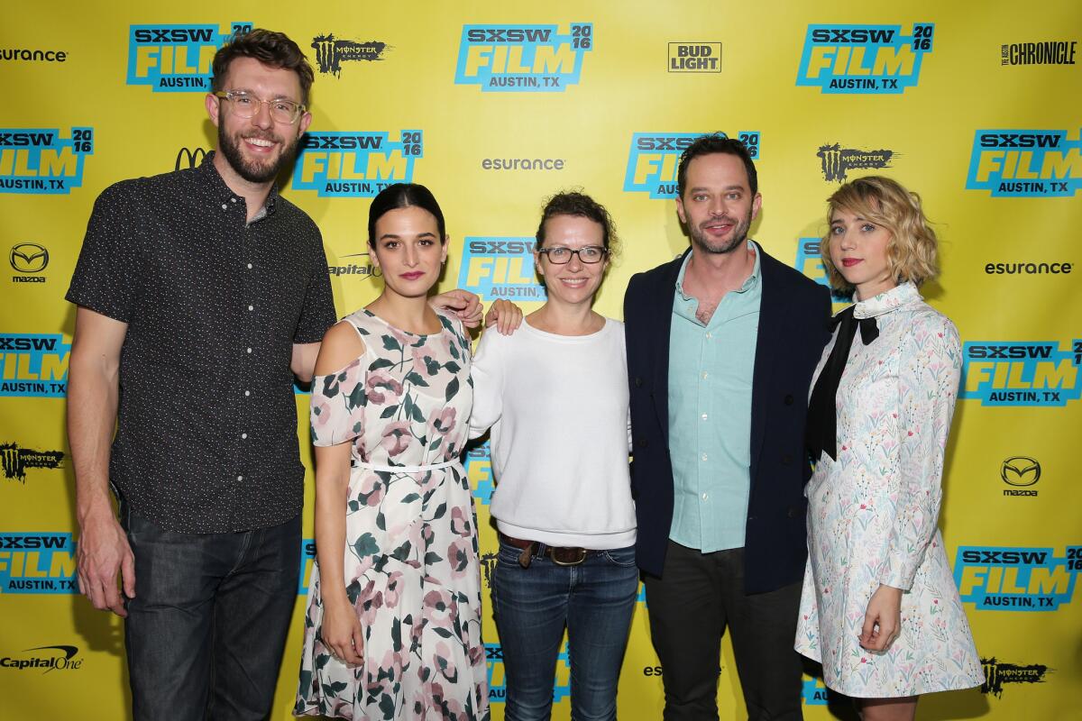 Charlie Hewson, from left, Jenny Slate, Sophie Goodhart, Nick Kroll and Zoe Kazan attend the "My Blind Brother" premiere at the South by Southwest festival in Austin, Texas, on Saturday.
