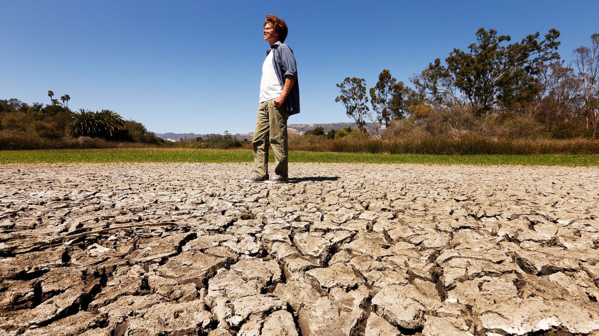 James Wilcox walks through the dry mud flat that is the bottom of Lake Los Carneros in the park of the same name near his home in Goleta.