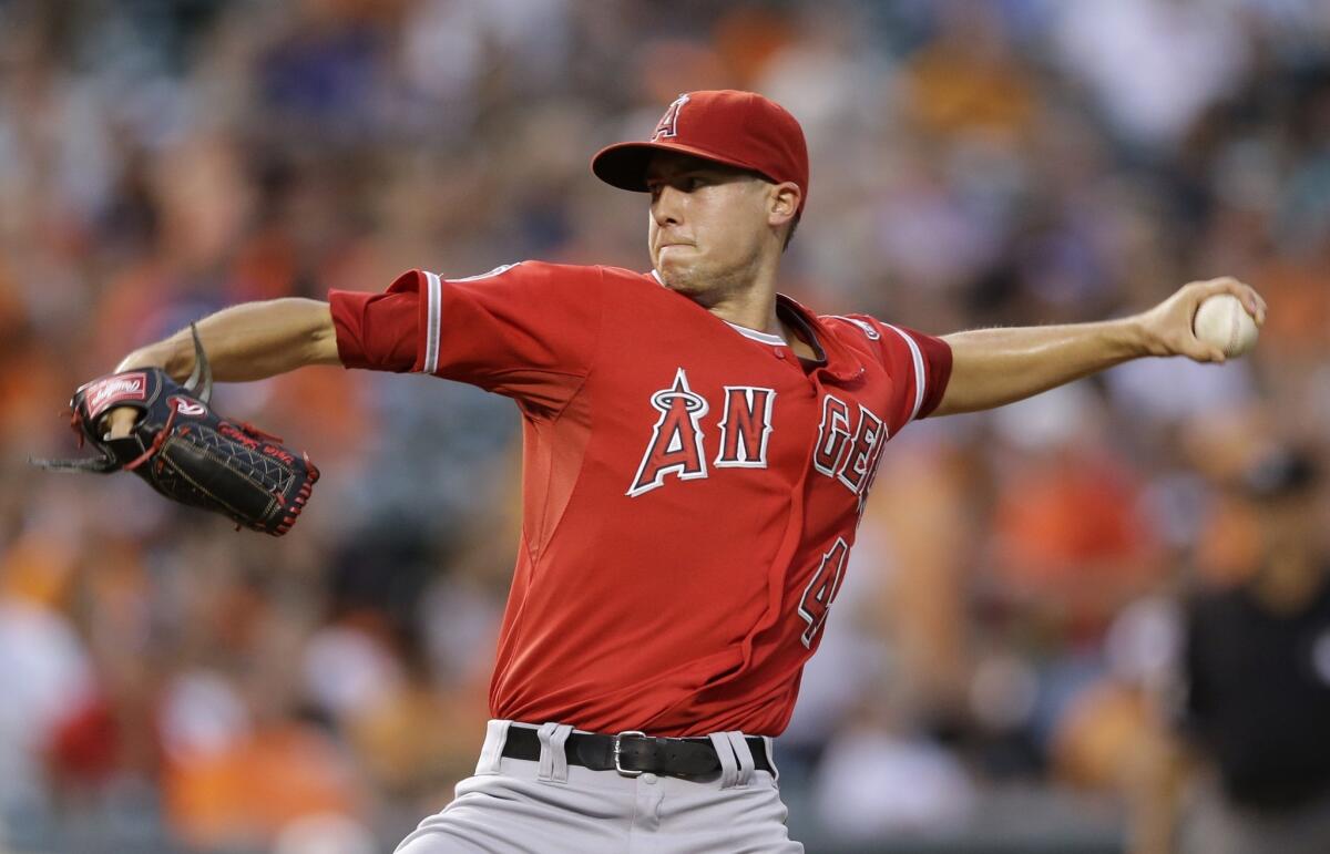 Angels pitcher Tyler Skaggs pitches against the Baltimore Orioles on July 31, 2014, before exiting because of forearm tightness.
