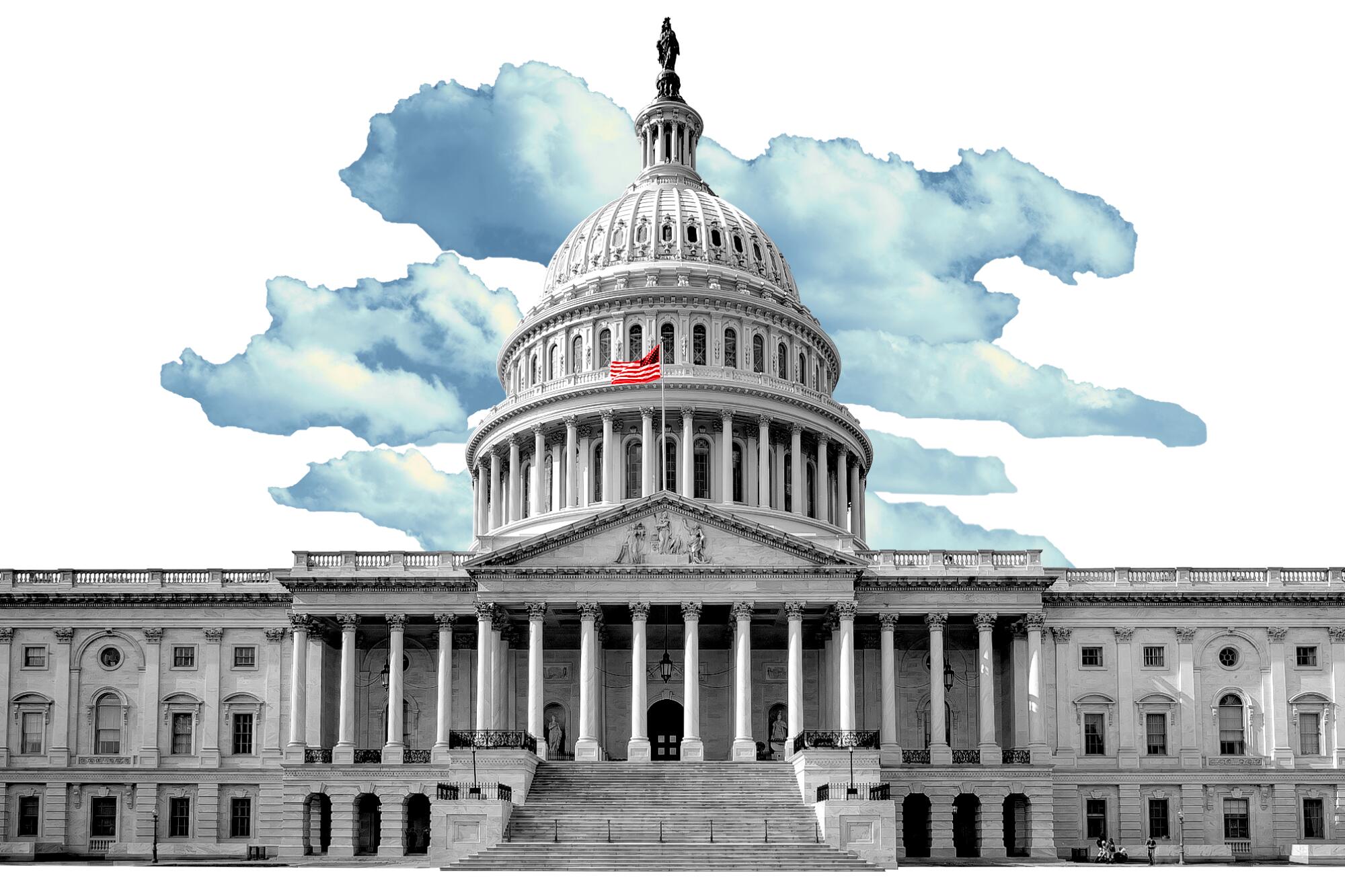 Photo illustration of U.S. Capitol building with blue clouds.