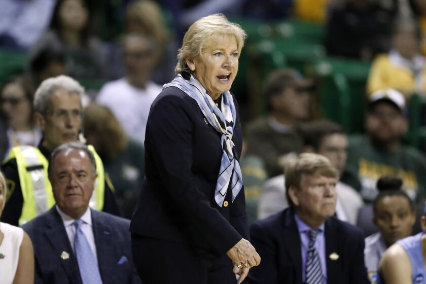 North Carolina head coach Sylvia Hatchell instructs her team in the second half of a first round women's college basketball game in the NCAA Tournament in Waco, Texas, Saturday March 23, 2019. (AP Photo/Tony Gutierrez)