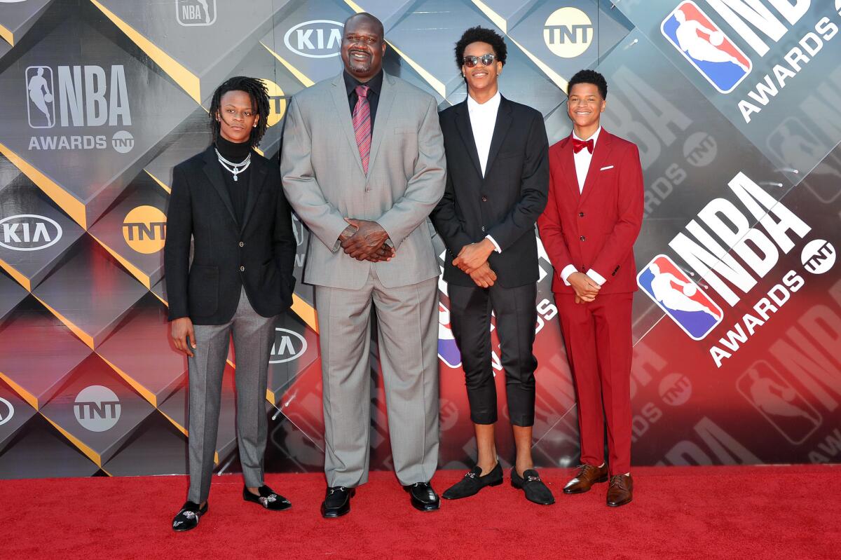 Myles O'Neal, Shaquille O'Neal, Shareef O'Neal and Shaqir O'Neal attend the 2018 NBA Awards Show at Barker Hangar on June 25, 2018 in Santa Monica, California.