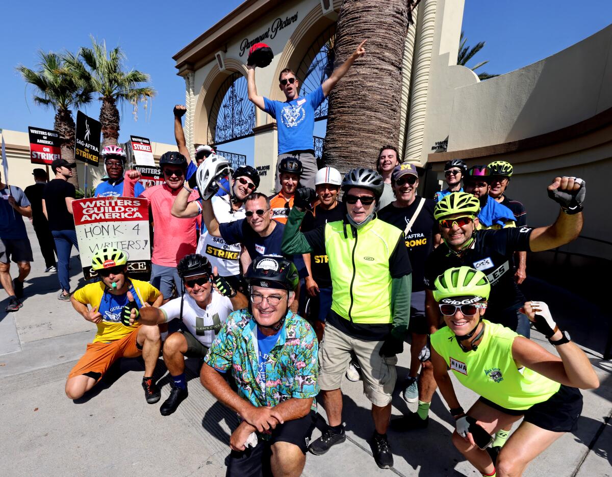 Bike the Strike members gather at the picket line outside Paramount Studios on August 31, 2023 in Los Angeles