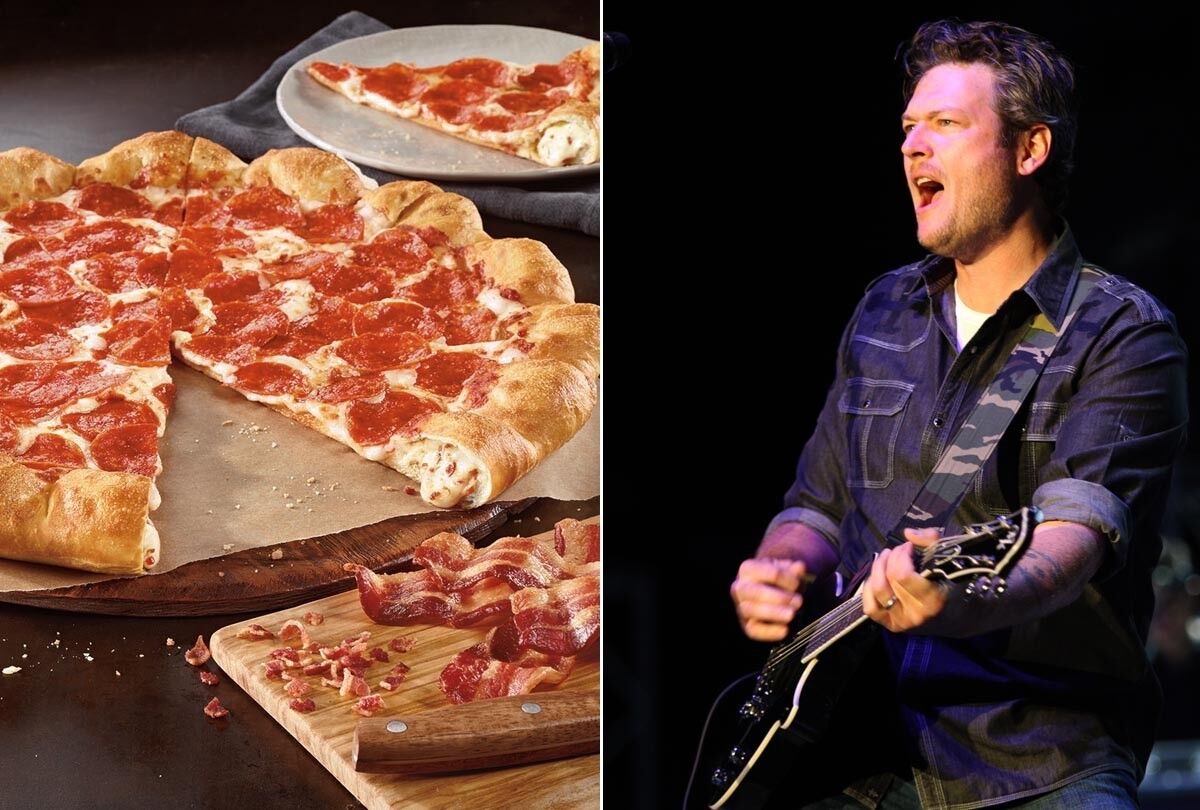 Blake Shelton is promoting Pizza Hut's new Bacon Cheese Stuffed Crust pizza.