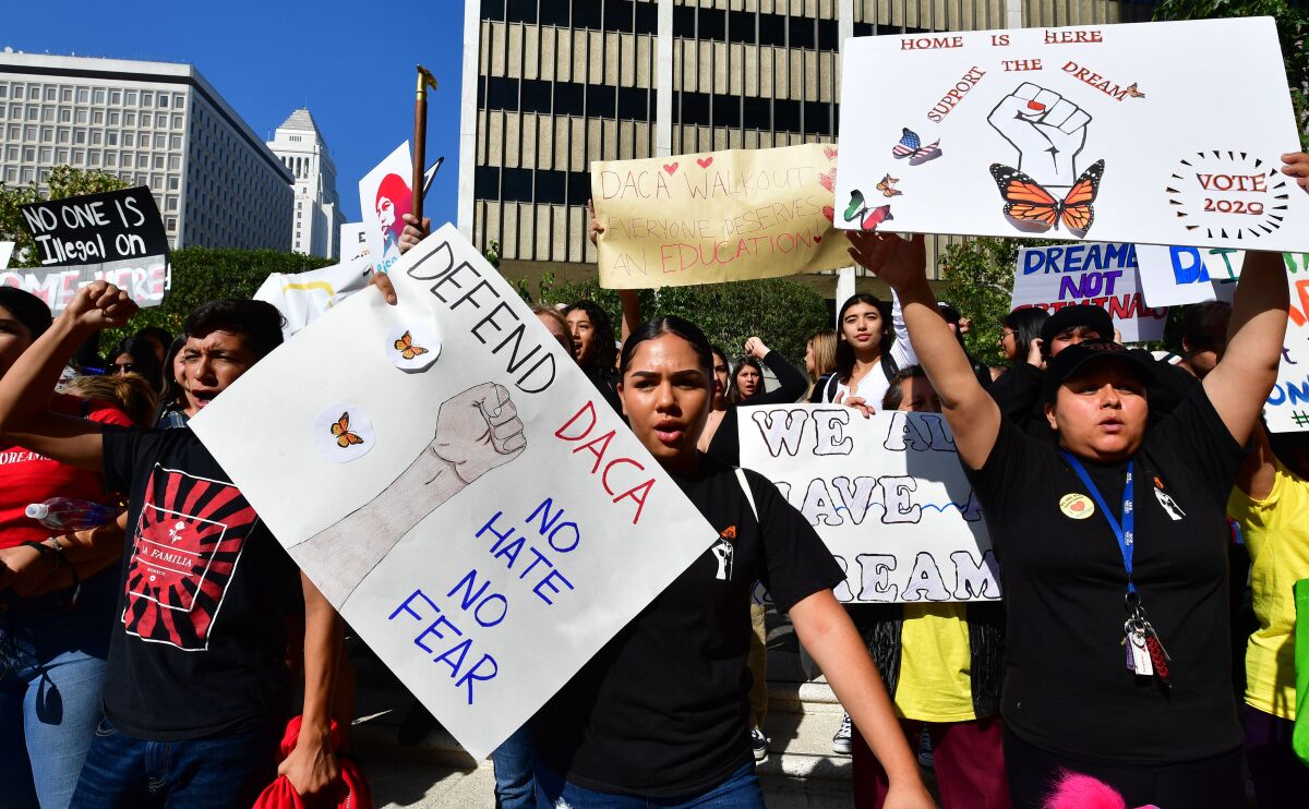Students and supporters of DACA rally in downtown Los Angeles, California on November 12, 2019.