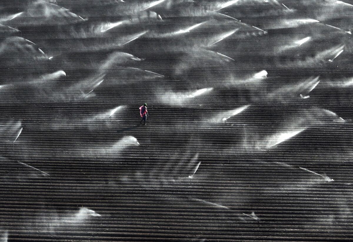 An irrigation worker adjusts sprinkler heads in California's Imperial Valley.
