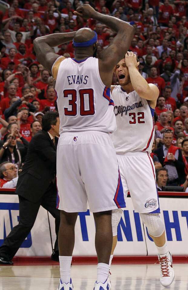 Clippers big men Reggie Evans and Blake Griffin react to a foul call after they trapped one of the Grizzlies and tried to force a turnover late in Game 6 on Friday night at Staples Center.